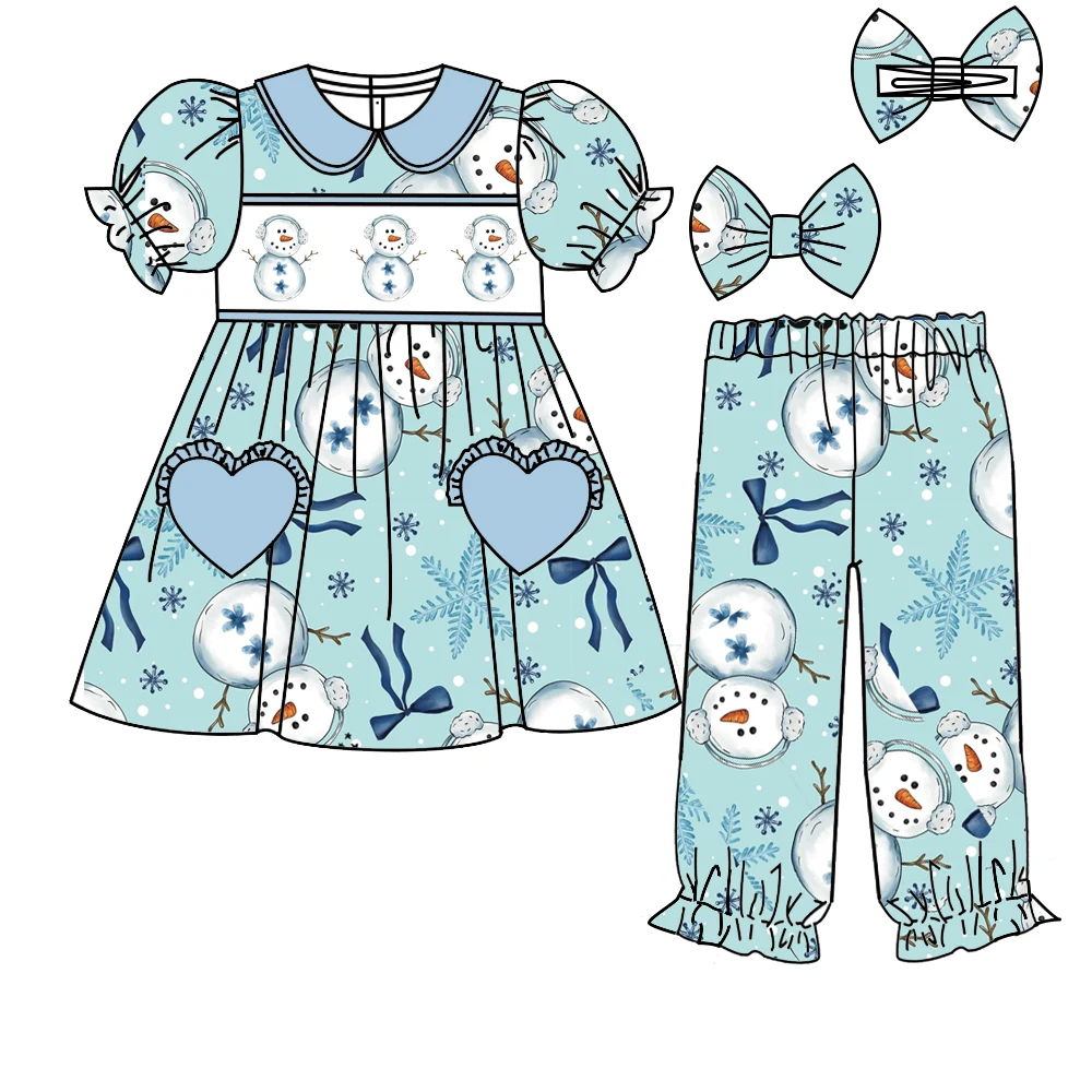Girls series Christmas boutique children's set short-sleeved elastic biscuit snowman bow cartoon print pajamas set robe clothes