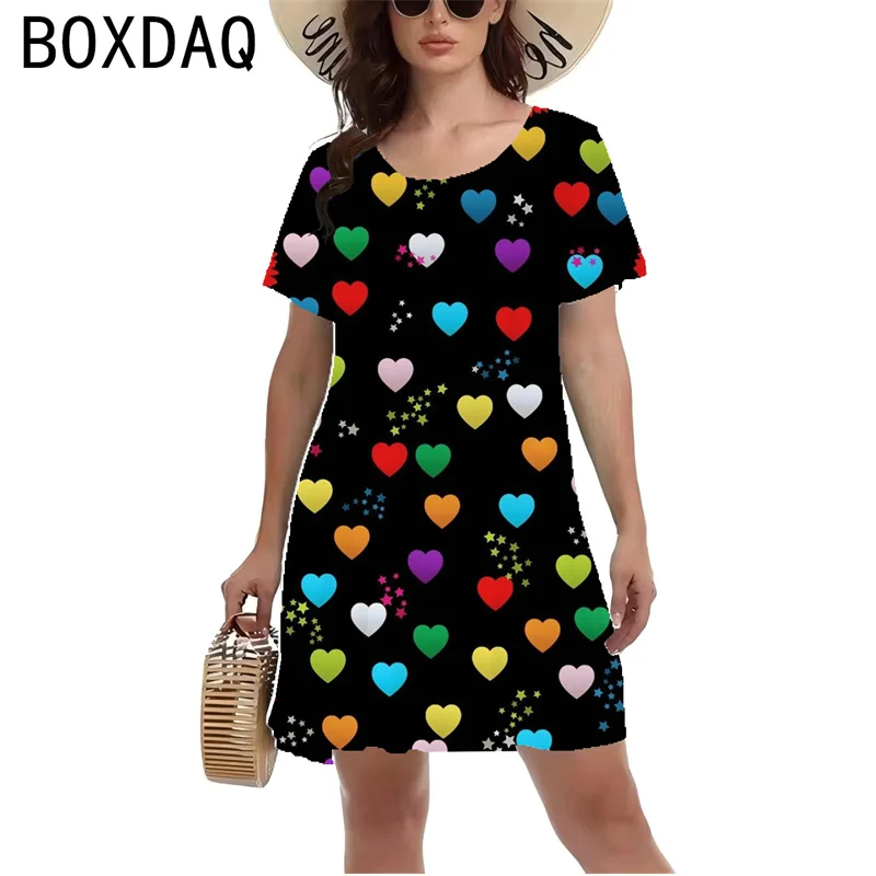 Women Short Sleeve O-Neck Dress 3D Cute Cartoon Colorful Gradient Heart-shaped Printed Mini Dress Casual A-Line Dress Vestidos