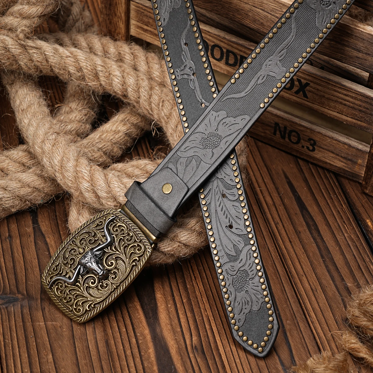 Herren Damen-Western-Cowboy-PU-Leder-Gürtel – Vintage-Gürtel mit floraler Gravur und Schnalle für Jeans – Detail 5