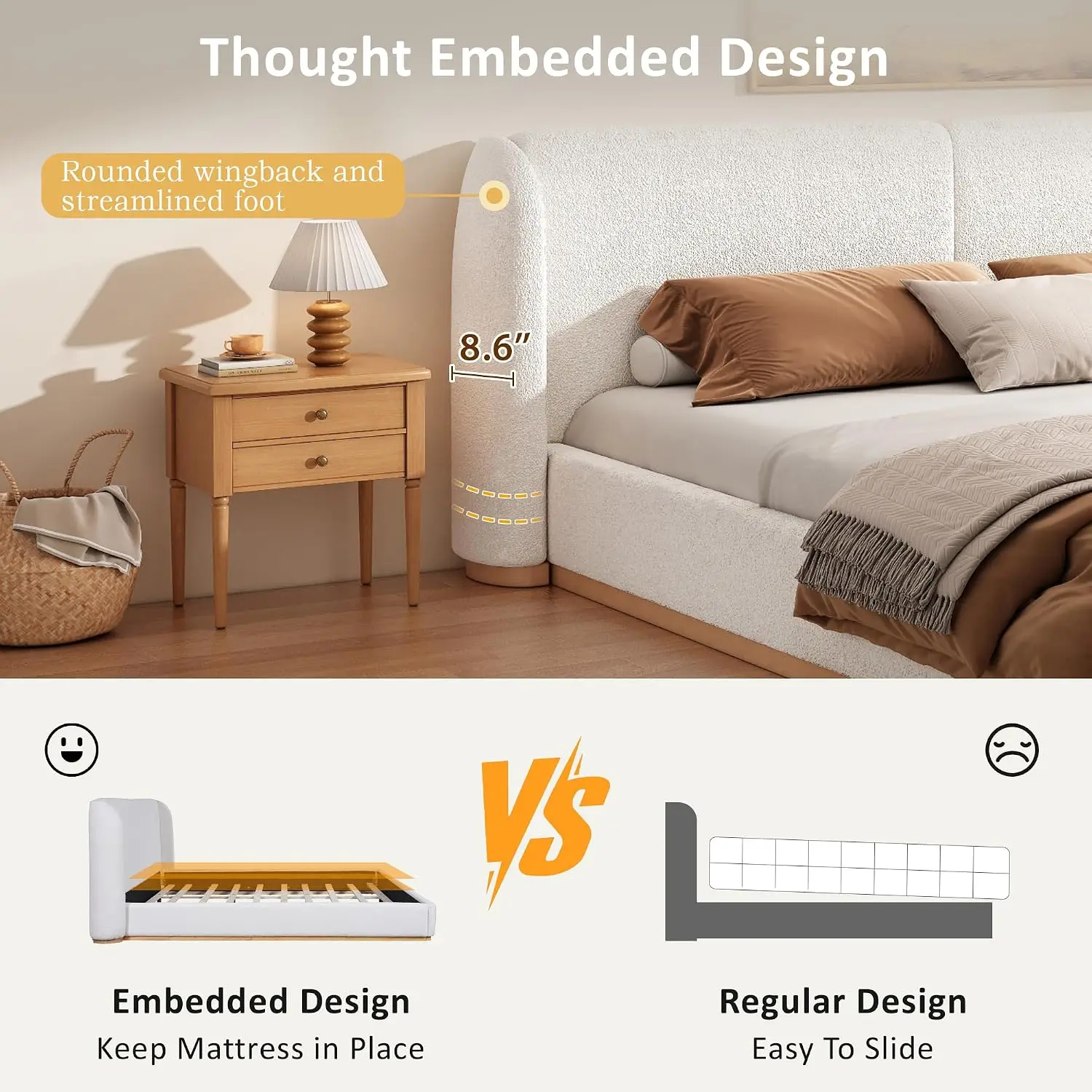 California King Size Upholstered Ground Bed Frame with Boucle Wingback Headboard, Modern White Fabric Platform Bed, Customized image 4