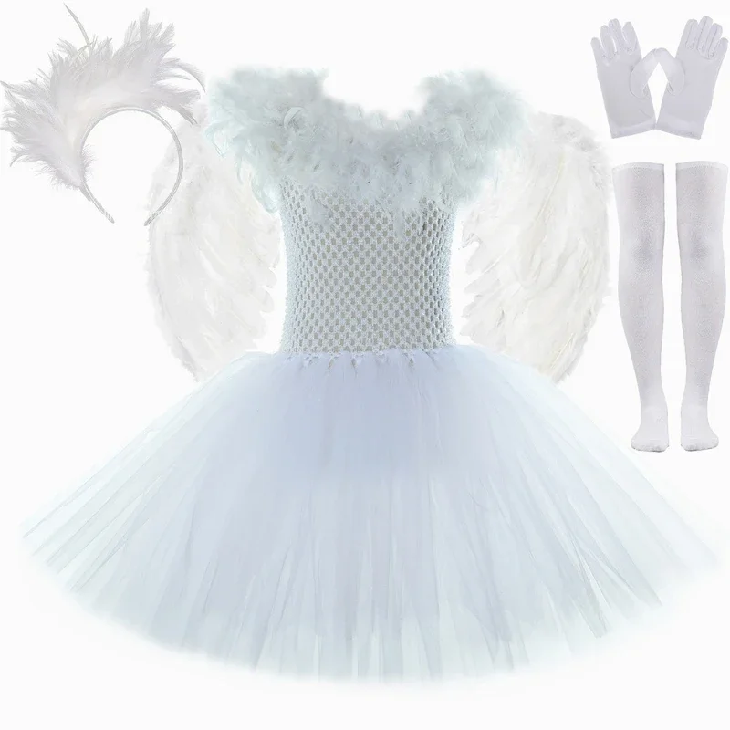 Kids White Bird Swan Costume Tulle Princess Tutu Dress Girls Halloween Carnival Party Feathers Chicks Dove Dress Up Clothes Set