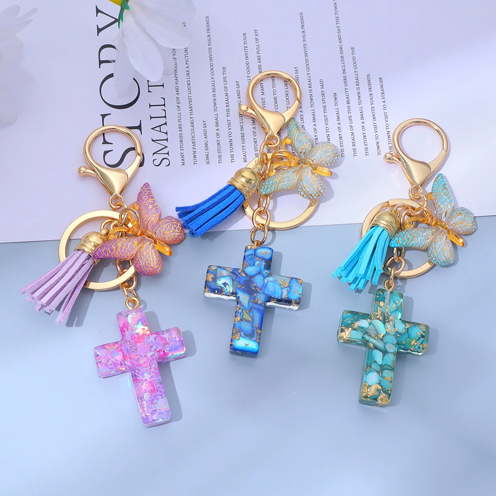 LLavero de cruz de lentejuelas de resina colorida, bonito llavero con colgante de borla de mariposa, accesorios para mujeres y hombres, regalos cristianos