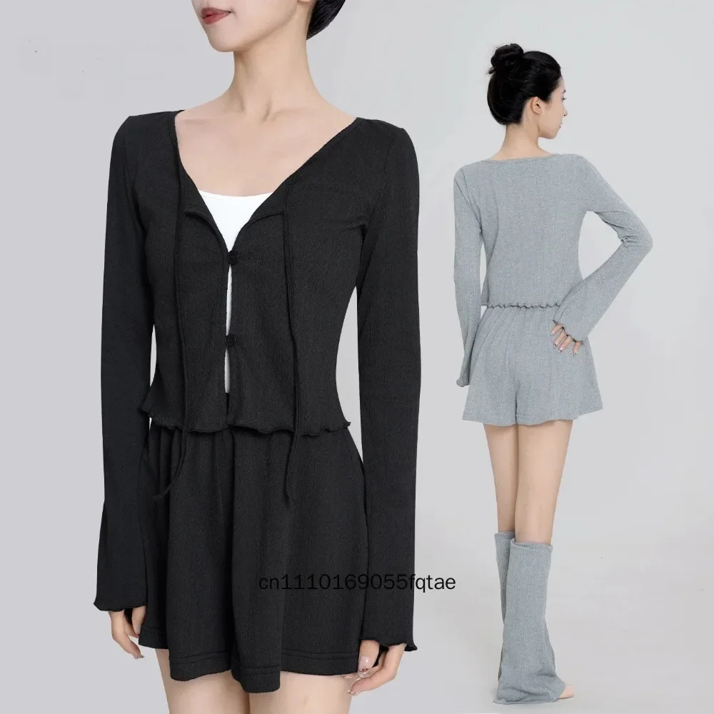Conjunto de Danza de 2 Piezas para Mujer, Cárdigan de Manga Larga y Pantalones Cortos, para Otoño e Invierno, Ballet, Práctica de Danza Moderna, Conjunto de Calentamiento