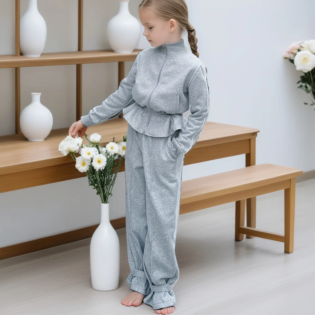 Girls Outfits Set Spring 2025 Grey Ruffle Sweatshirt Pants 2-piece Teen Kids Tracksuit Casual School Children Clothes 10 12 Year