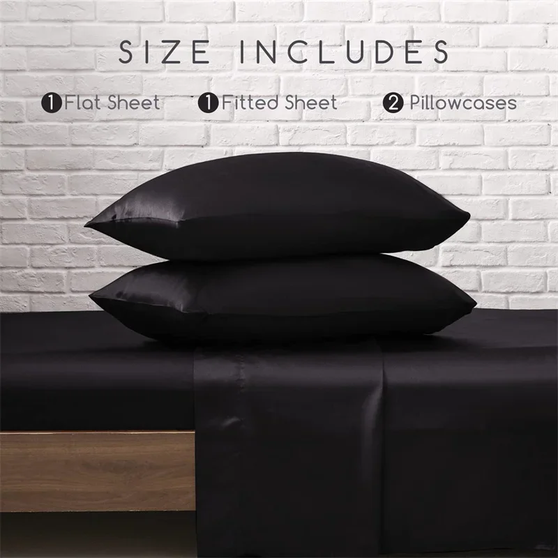 Luxury Black Bed Sheet Set Mulberry Silk Bedding Set Fitted Sheet Flat Sheet Pillowcase Double Queen King Bed Silky Antiallergi