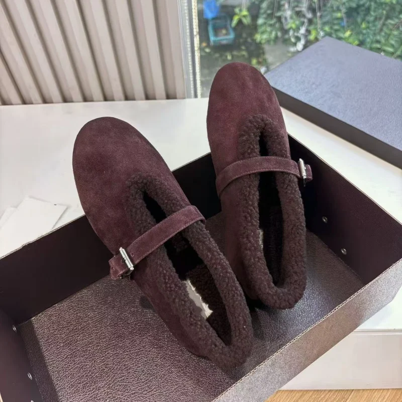 Designer Brand Original Warm and Fluffy Fur Shoes for Women's Plush Ballet Shoes with Belt Buckle and Fur Integrated Cotton Shoe