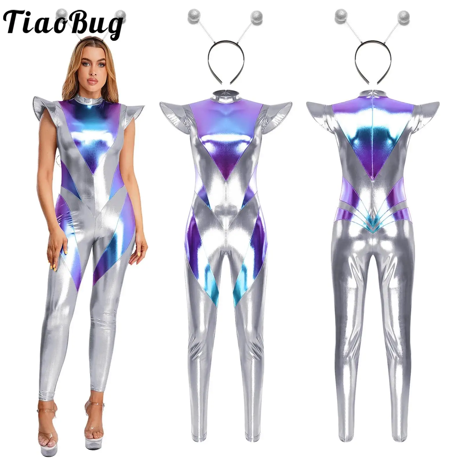 

Women Metallic Alien Astronaut Cosplay Costume Shiny Fly Sleeve Leggings Jumpsuit Hairband Set for Halloween Spaced Themed Party