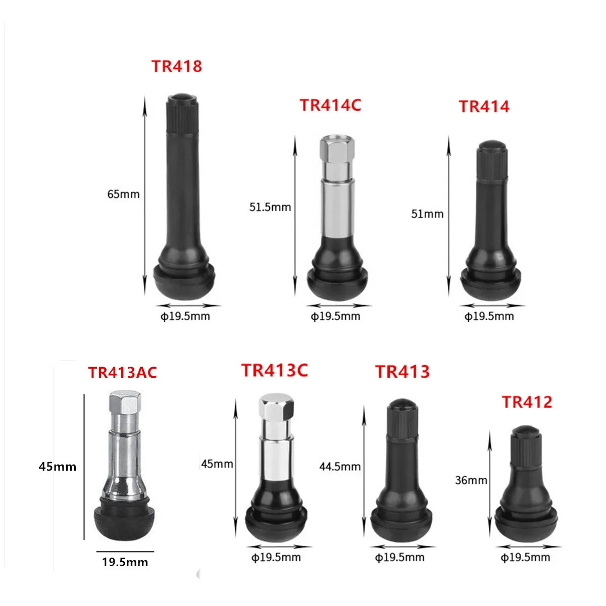 Tubeless Snap-In latão válvula de pneu hastes, curto borracha preta, válvula de pneu, na manga e Cap, Tr412, 413, 414C, 412AC, 413C, Tr415, tr418, 4