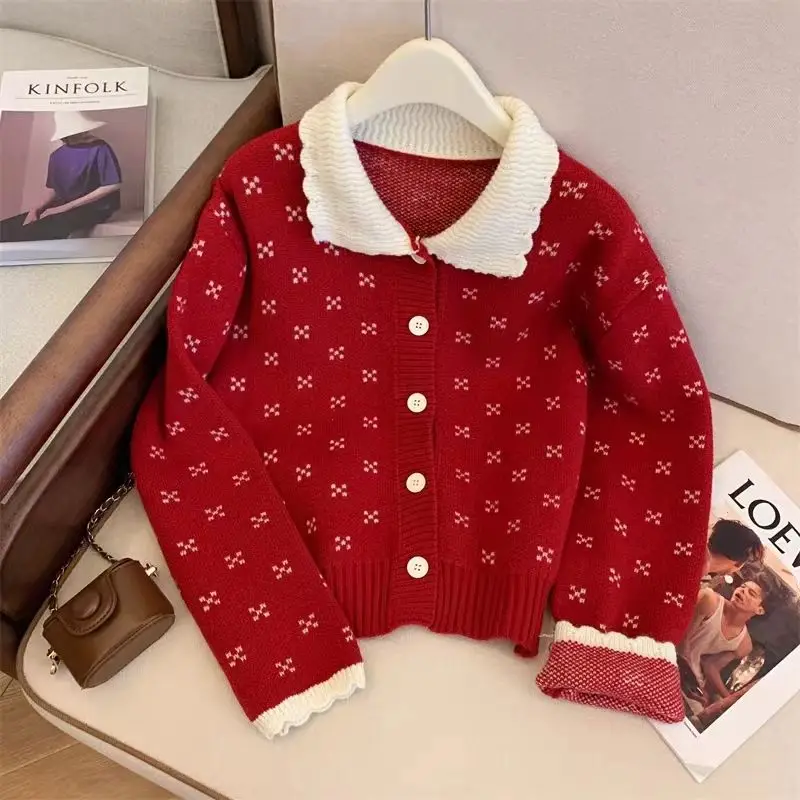 

Вязаный крючком свитер с лацканами, кардиган для женщин, осенне-зимний новый французский милый кружевной свитер с кукольным воротником