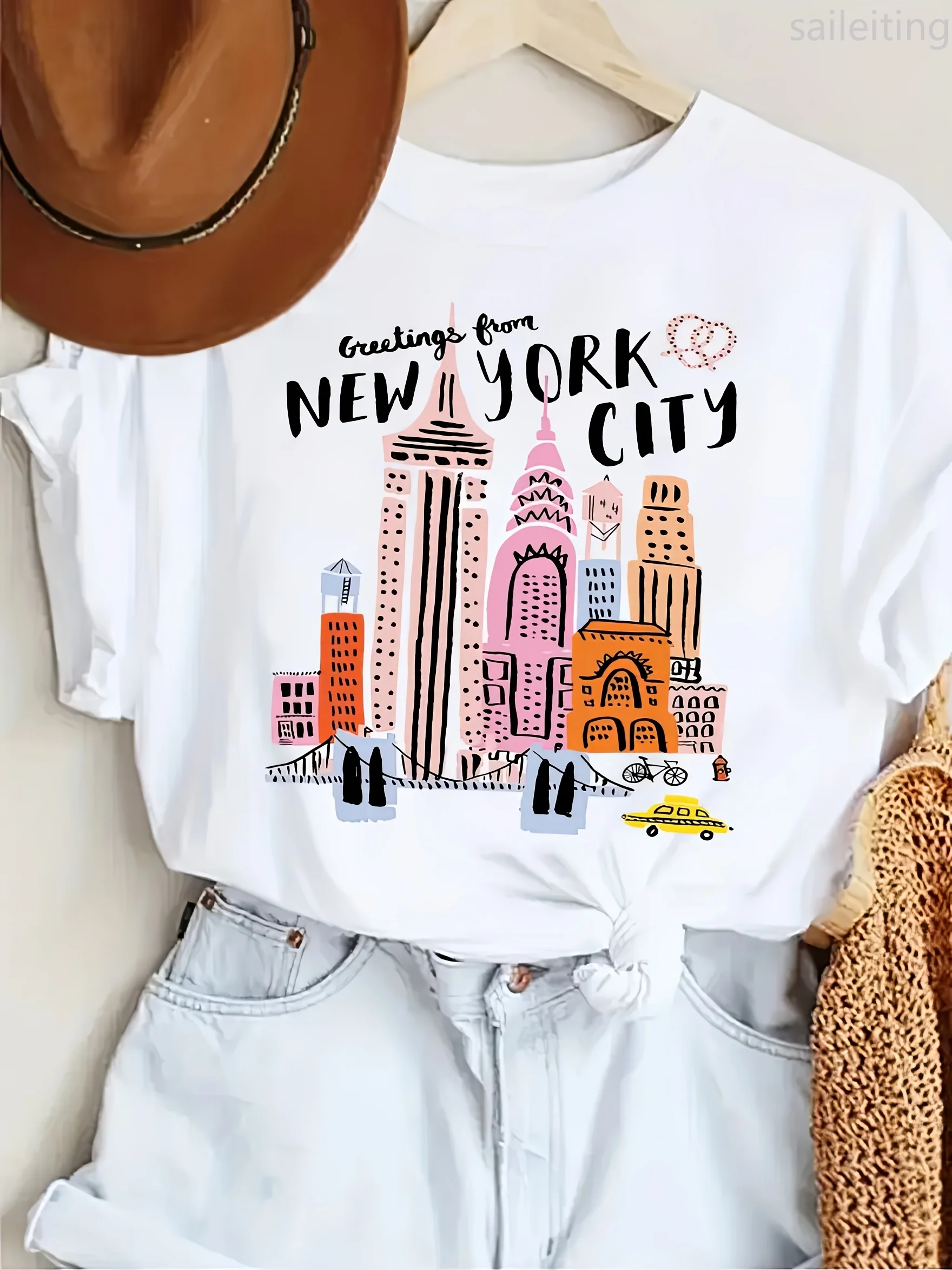 

Повседневный топ с круглым вырезом и рисунком Статуи Свободы Brooklyn Bridge «Осенка за Нью-Йоркский город» с текстовым принтом, женский рукав в стиле Харадзюку