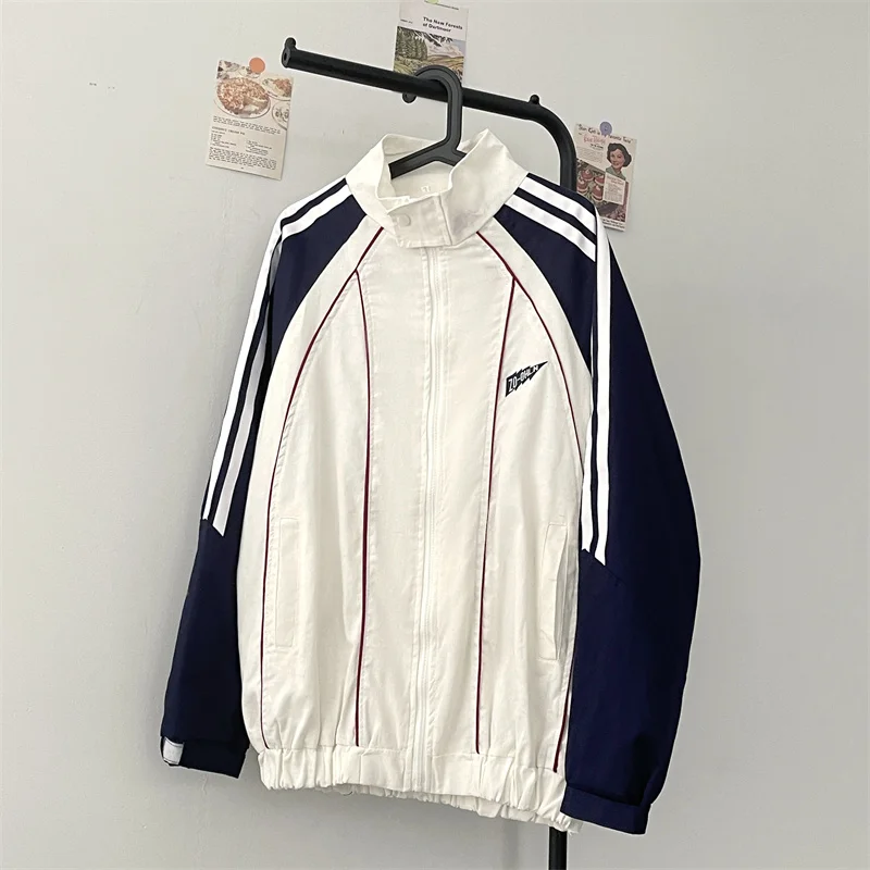 

Loose Fit Spor Men's Jaet 300 Pou Striped Patchwork Color Blo Stand Collar Autumn Faion Casual Outerwear