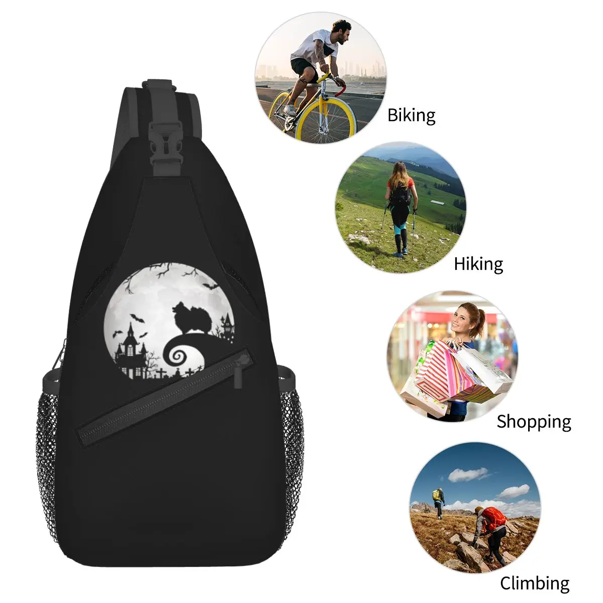 Mochila con eslinga de perro Pomerania y Luna para Halloween, bolso de viaje para el pecho, mochila cruzada para hombre, bolso de hombro