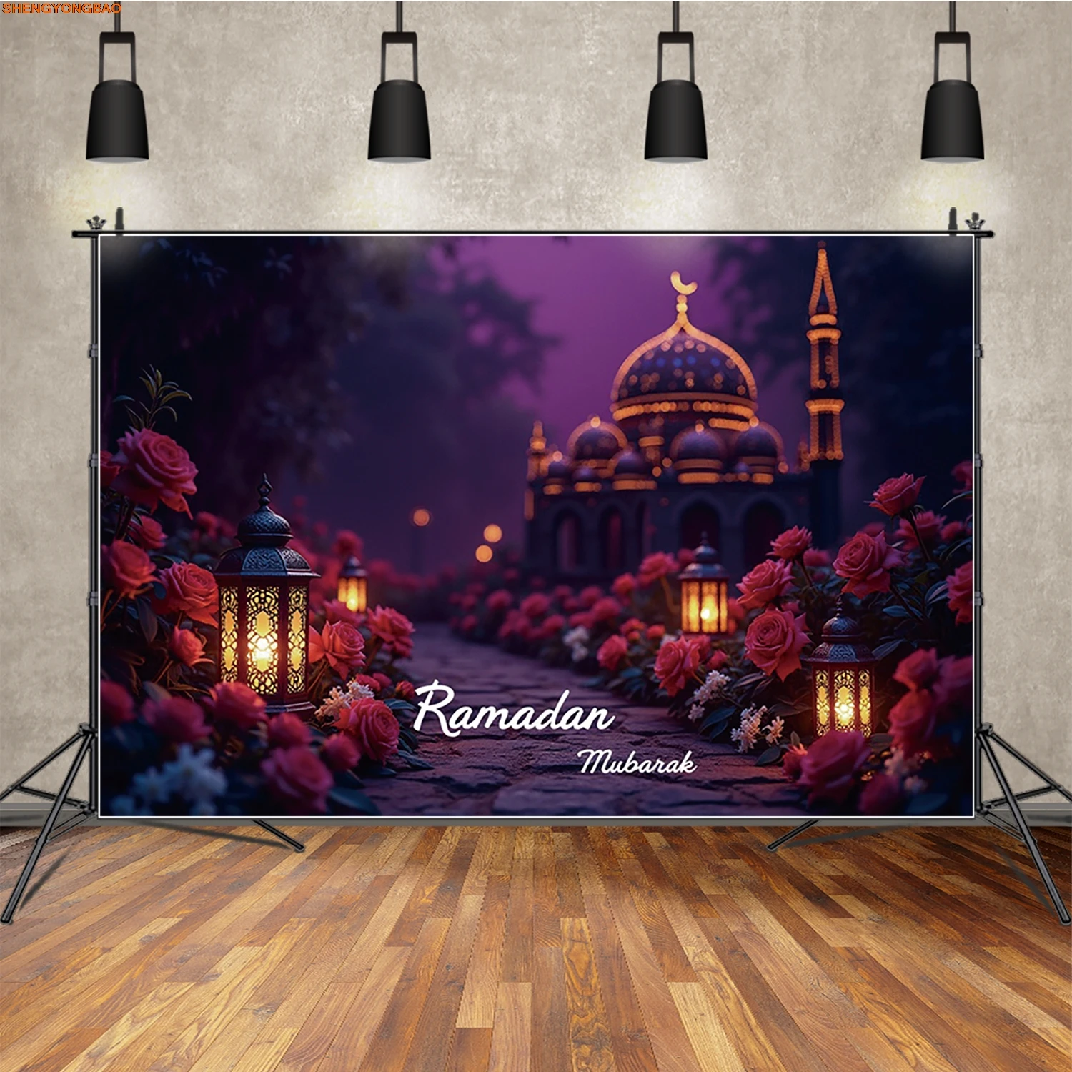 

Ramadan Decoration Backdrop Photography Eid Mubarak Mosque Purple Flowers Photozone Background Party Studio Banner
