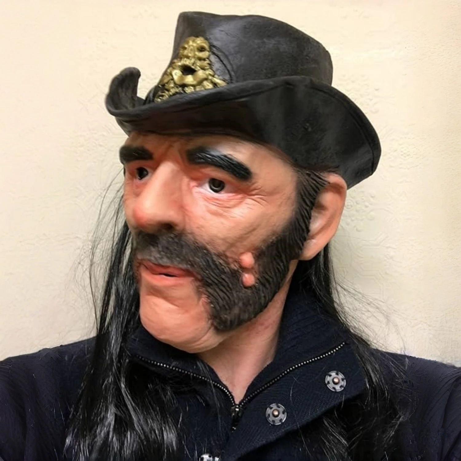 Máscara de celebridad Lemmy Kilmister para adultos con sombrero y peluca de látex de goma accesorio de disfraz de vaquero para anciano cantante Pop