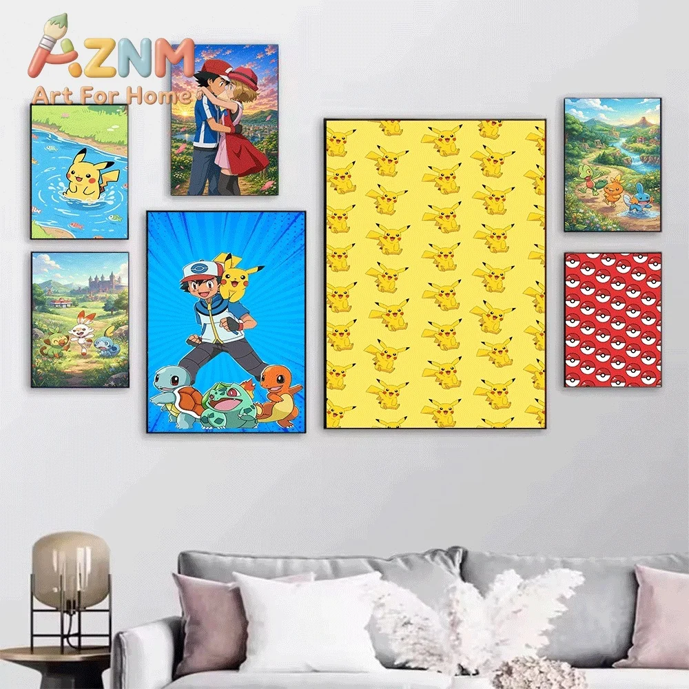 Classic Pokemon Starters Eevee Pikachu Canvas Wall Art No Frame Anime Print Poster Painting for Kids Bedroom Living Room Home