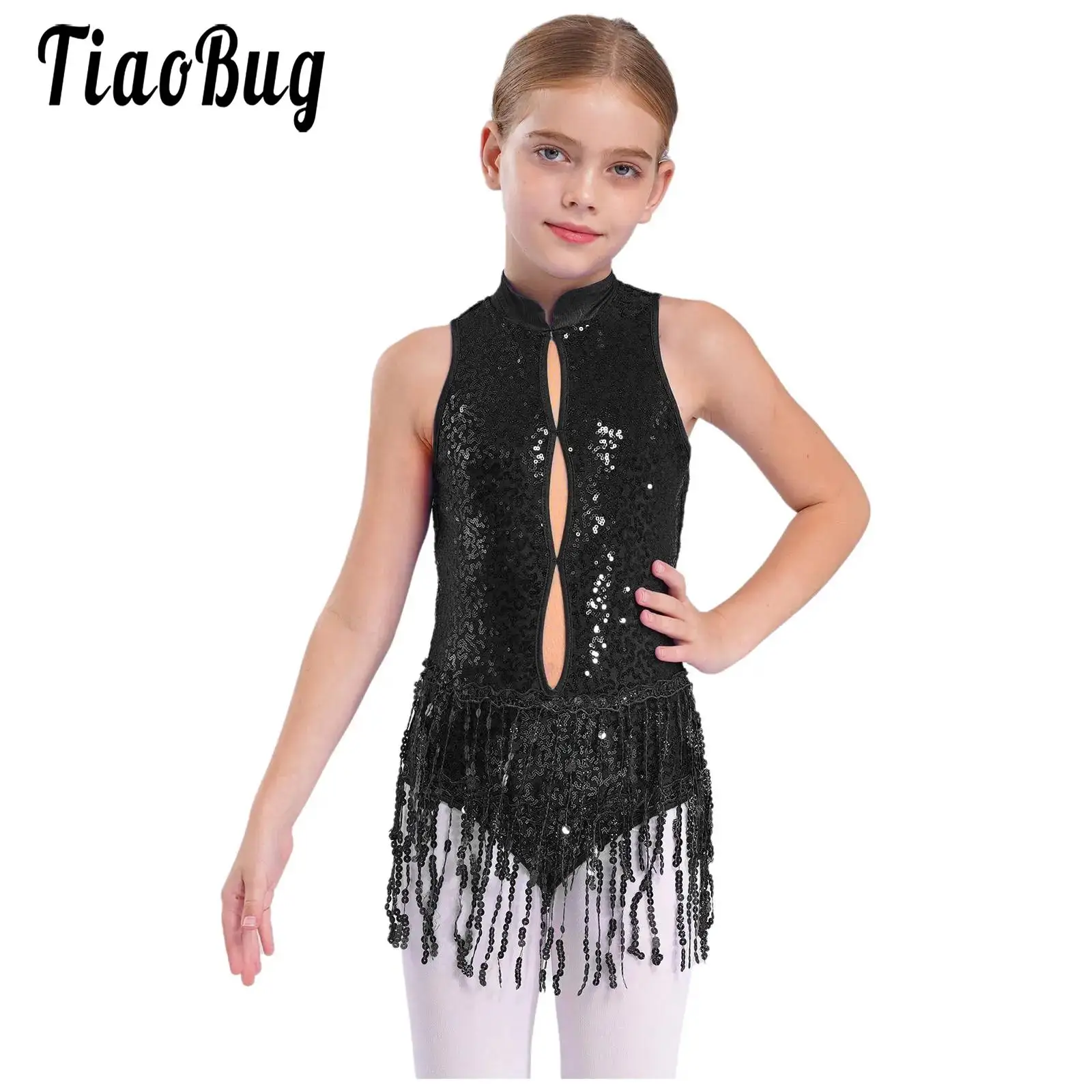 

Girls Latin Jazz Salsa Dance Performance Costume Sequin Tassel Samba Rumba Leotard Dancewear Sleeveless Backless Fringe Bodysuit