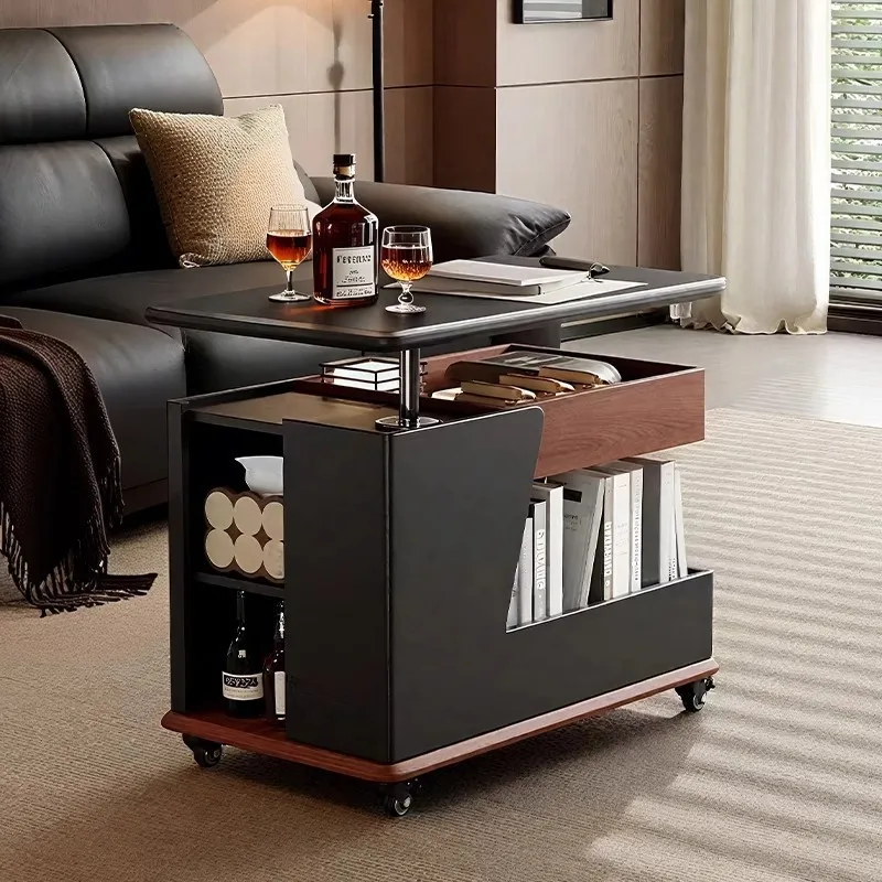 Solid wood mobile trolley coffee table can be small apartment liftable living room household sofa side cabinet bus side table