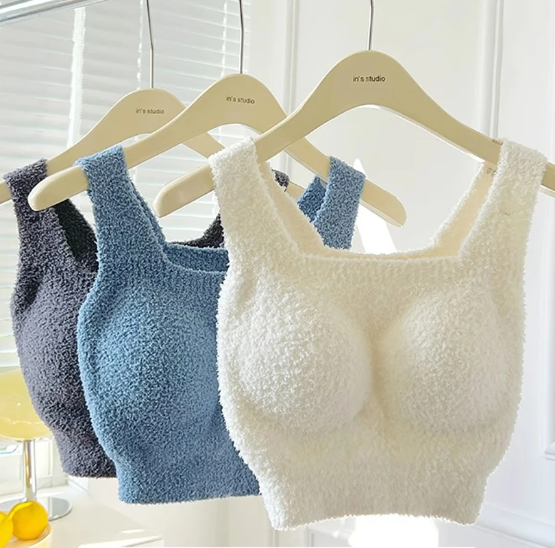 Warm Camisole For Women 2024 Autumn Winter Close-Fitting Thermal Vest Square Neck Plush Bra Furry Lamb Fleece Crop Top Padded