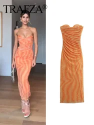 TRAFZA Female Summer Fashion Orange Printed Sleeveless Dress Women Strapless Off-the-shoulder Midi Long Dresses Patry Vestidos