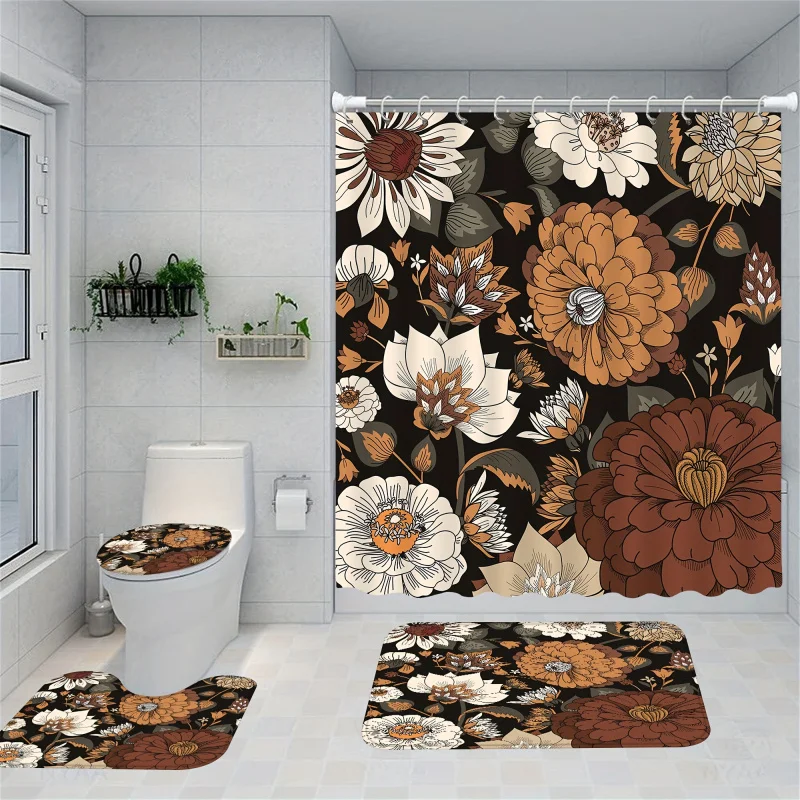 1/3/4pcs Boho Floral Bathroom Set, Colorful Bohemian Shower Curtain & Rugs Set, Modern Abstract Colorful Flower Shower Curtain W