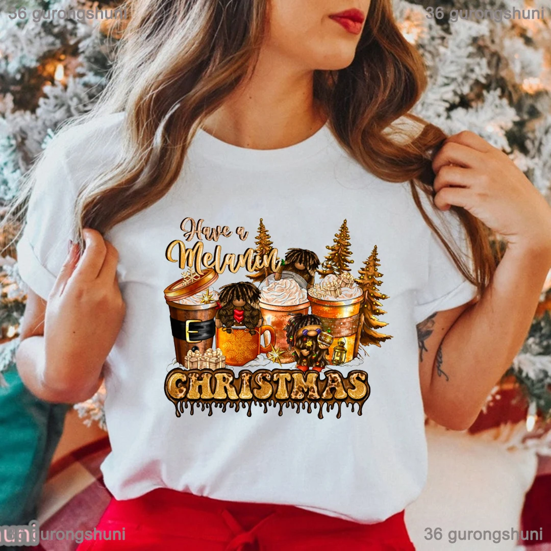 

Melanin Christmas Tree Graphic Printed Tshirt Black Girls Magic T Shirt Women Xmas Gift Funny Summer Fashion T-Shirt Female