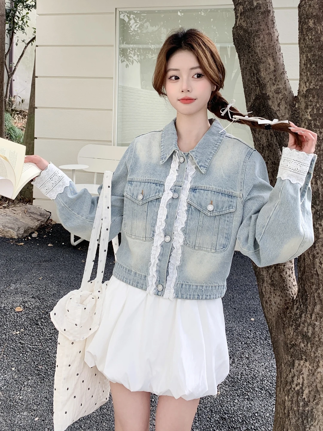 

Ретро-куртка из денима с кружевными вставками и отложным воротником, женская, весна-осень, новая, милая, повседневная, модная верхняя одежда