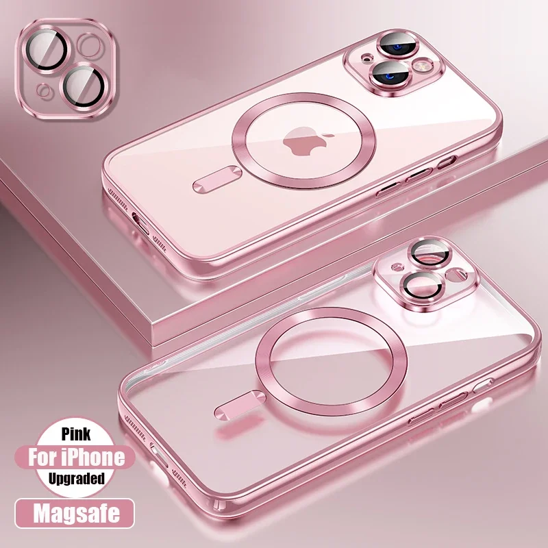 Funda de silicona ultrafina chapada transparente para iPhone, película de lente magnética Magsafe, cubierta protectora, rosa, 16, 15, 14, 13, 12, 11