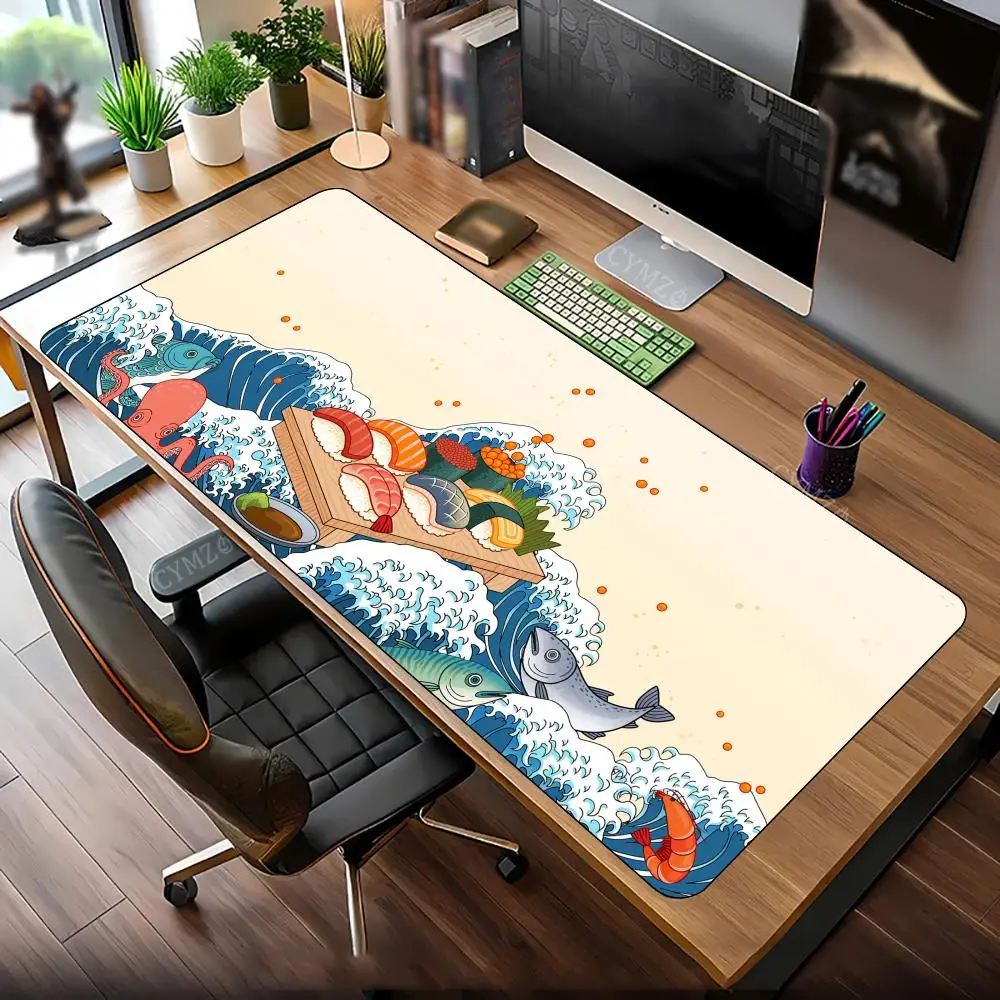 Tapis de souris sushi et vague artistique fruits de mer, tapis de bureau avec bord cousu, accessoires de bureau antidérapants en caoutchouc, clavier de jeu