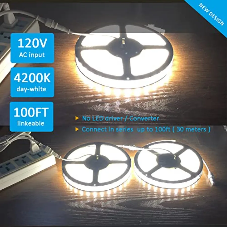 120V Dimmable LED Strip Lights 4200K Daylight, Work with Smart Plug, 110V Dimming by Wall Dimmer, No Driver Need, Waterproof IP
