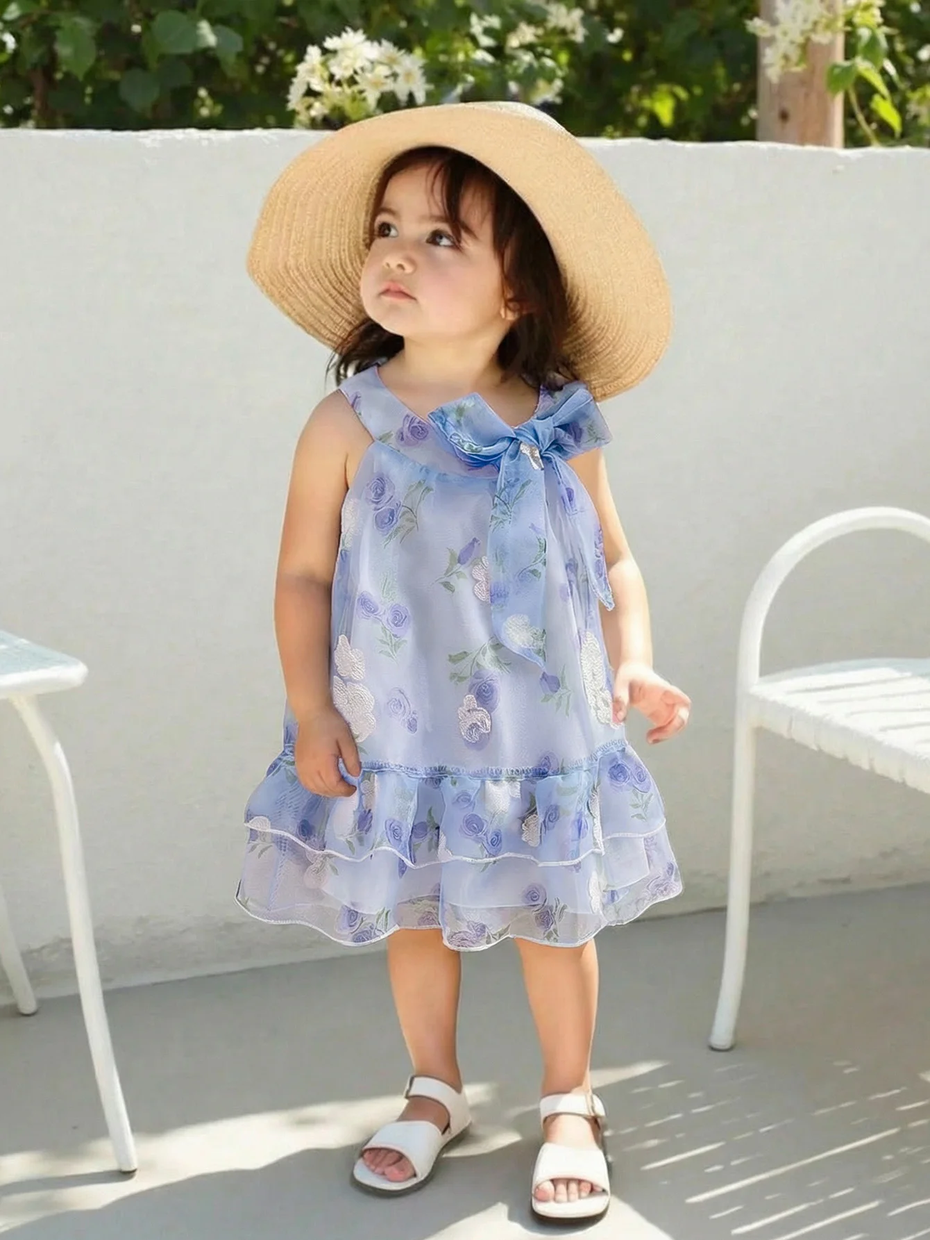 

Summer Newborn Baby Girls Floral Chiffon Sleeveless Dress, Sweet Princess Style with Ruffle Hem, Perfect for Party & Daily Wear