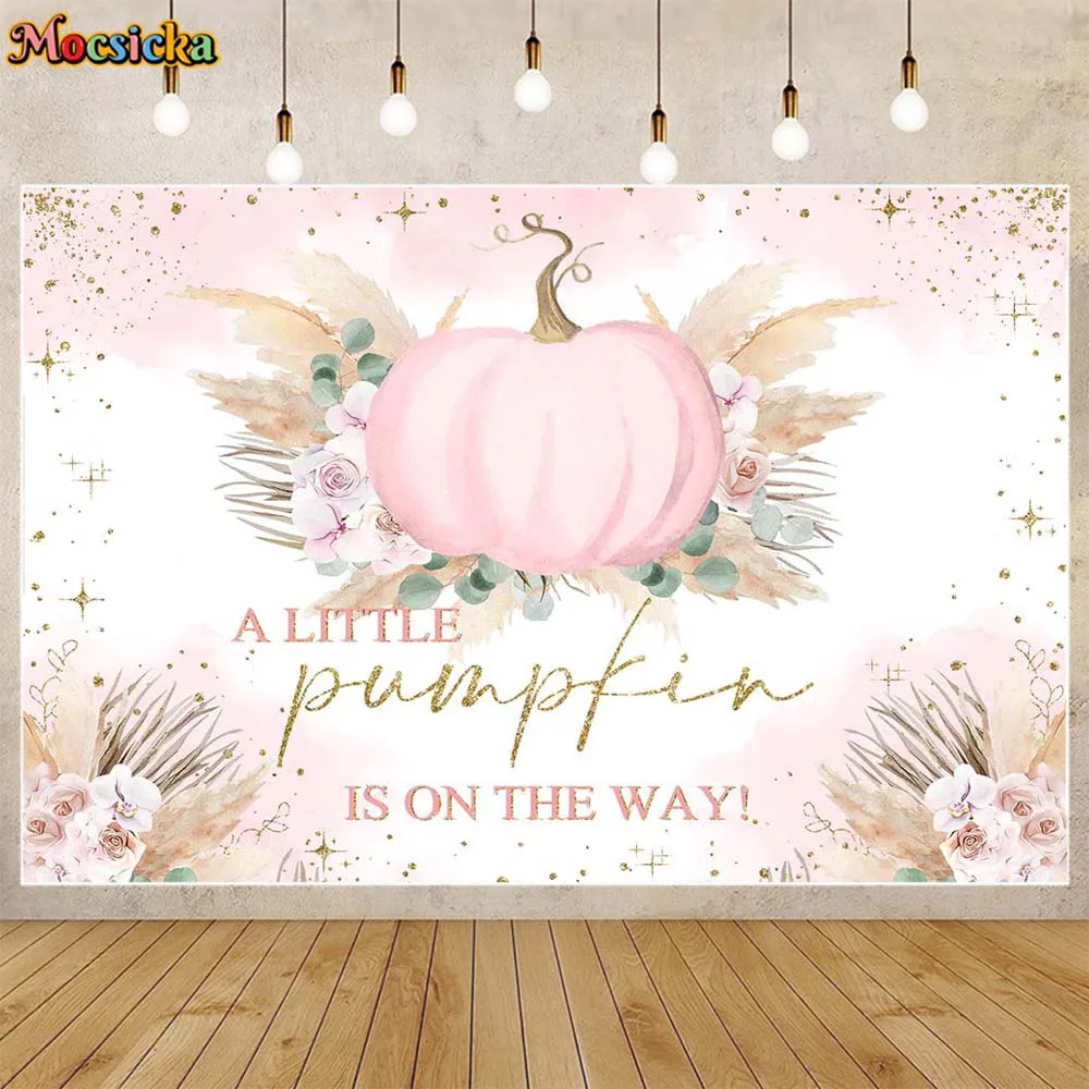 Mocsicka Pumpkin Baby Shower Backdrop Autumn Pampas Grass Newborn Welcome Party Decor A Little Pumpkin Is On The Way Backgrounds