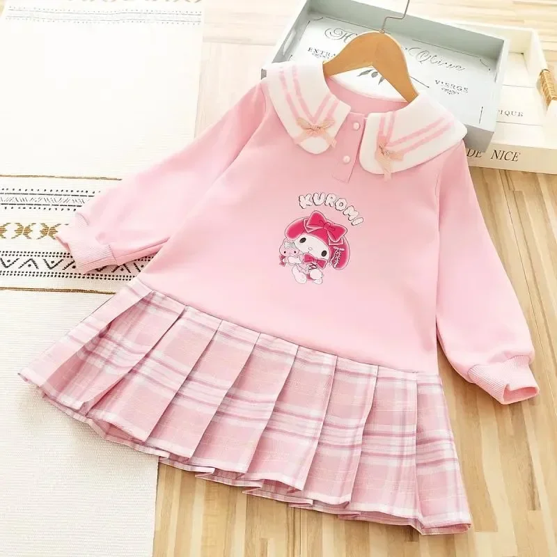 Sanrio Kuromi Children Anime Clothing Spring Autumn Girl Cartoon Peter Pan Collar Fake Two Dresses Kids Plaid Cute Festival Gift