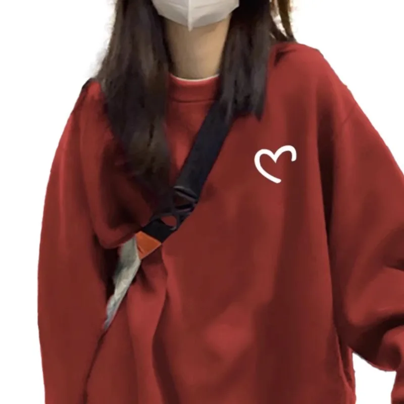 Sudadera con capucha informal holgada de terciopelo para mujer, abrigo de otoño e invierno, camisa básica de manga larga con cuello redondo en forma de corazón
