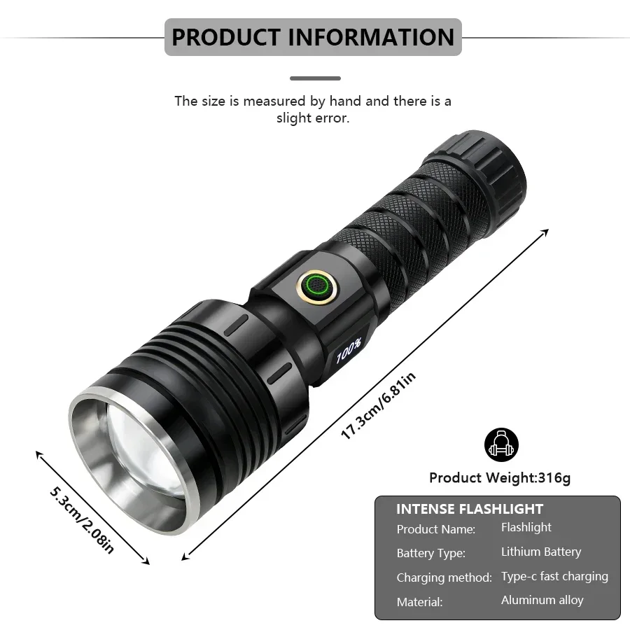 Powerful 10000LM Led Flashlight Rechargeable 80W Tactical Torch Zoom Long Range Light Waterproof Camping Lantern Power Bank