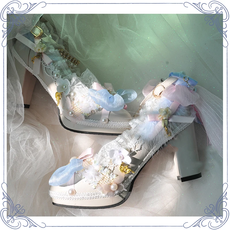 Lolita High Heels Women's Fantasy Lovely Bow Lace Handmade Cosplay Show Party Props Summer Dress Princess Shoes High Quality