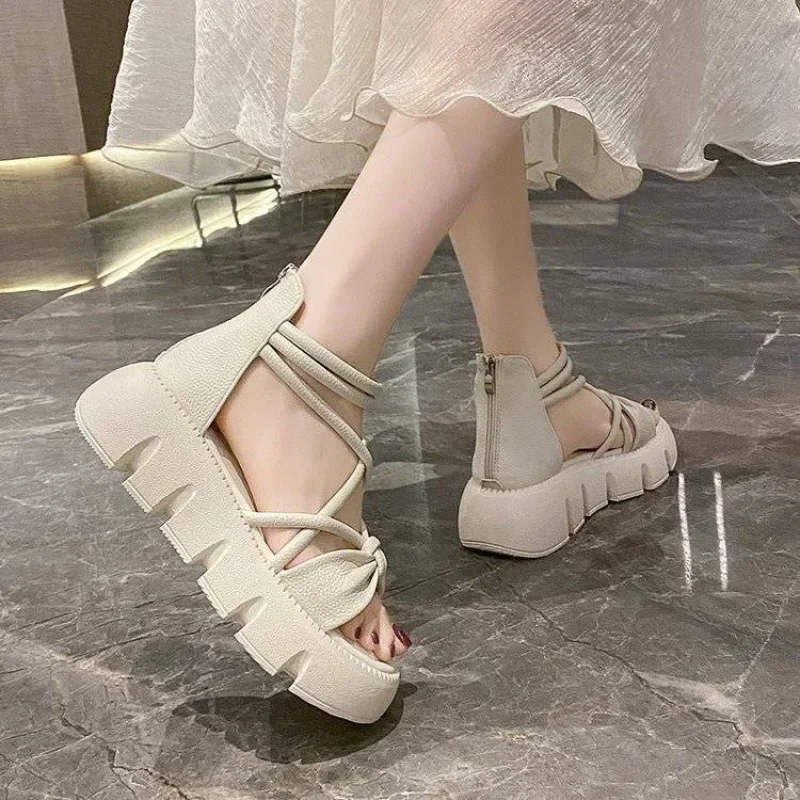 Plus Size Women's Shoes Wide Foot High Heel Roman Sandals 41 Sponge Thick Bottom Cross Strap Boots With Dress 42 Rubber Material