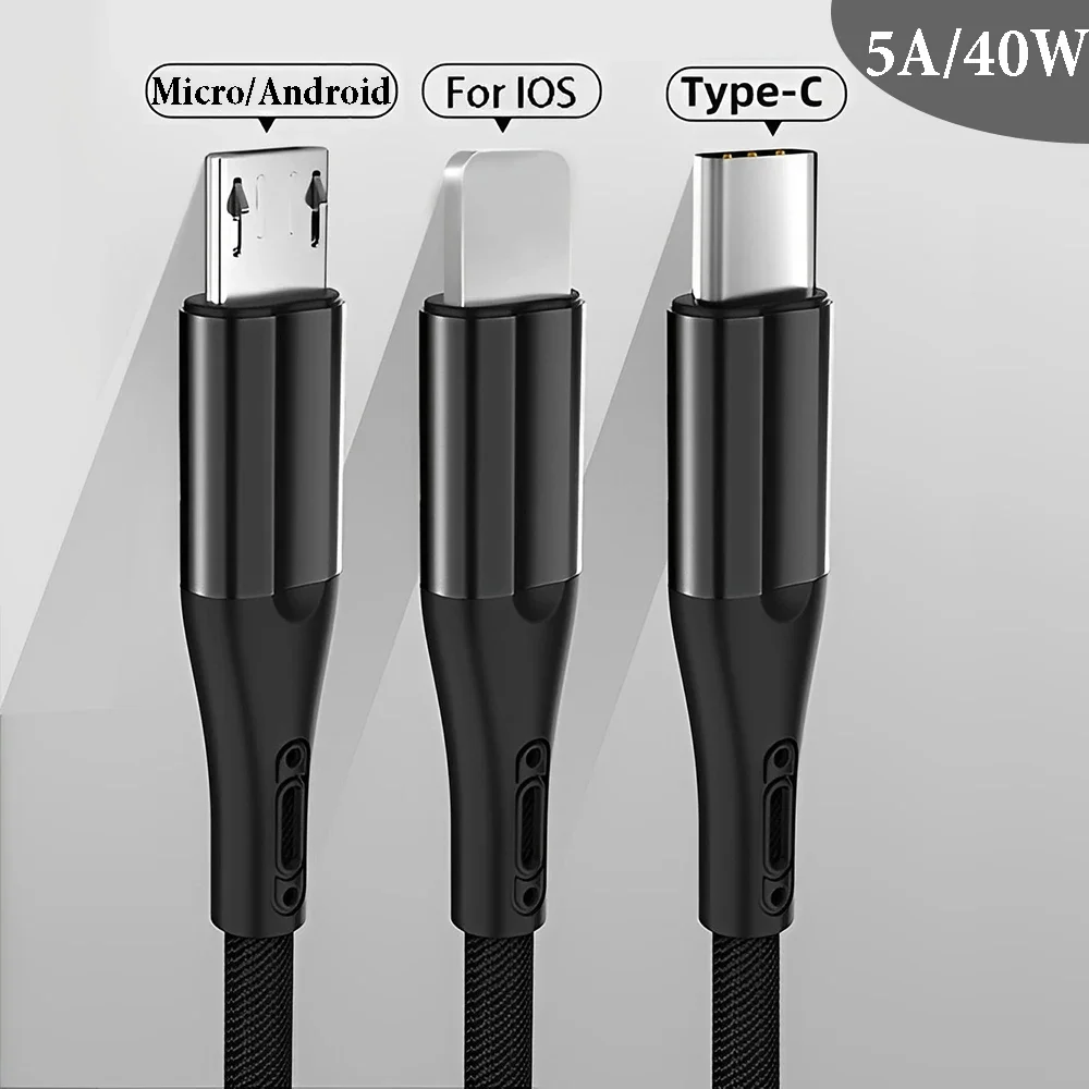 

5A 40W Fast Charging Micro USB Data Cable To Type C IOS Micro Android Cord Phone Data Wires Cable for Huawei Pro Xiaomi Samsung