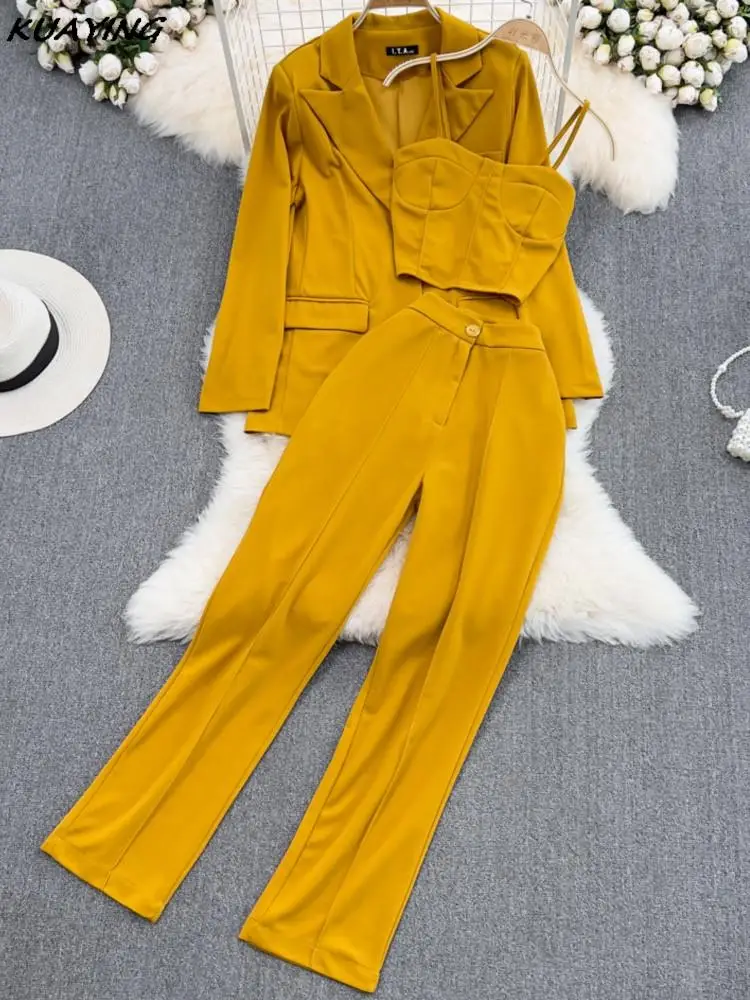 Women Office Suit Loose Blazer Jacket Vintage Spaghetti Strap Vest High Waist Casual Pants Formal Female Trousers 3 Pieces Set