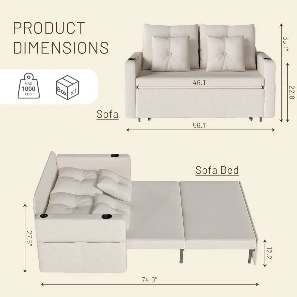 أريكة قابلة للسحب 3 في 1، سرير أريكة قابل للتحويل مقاس 56 بوصة، مقعد مع حاملات أكواب، جيوب تخزين، USB، أرائك أريكة لـ L