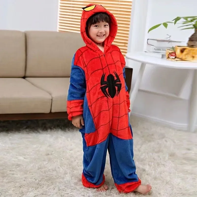 Marvel Spiderman children\'s autumn and winter warm cartoon anime flannel one-piece pajamas cosplay clothes student home clothes