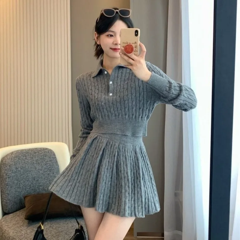 

Sweet Autumn Preppy Style Fashion Suit Knitted Clothing 2 Piece Set Solid Slim Kawaii Swearter Tops Casual Y2k Mini Skirt Woman