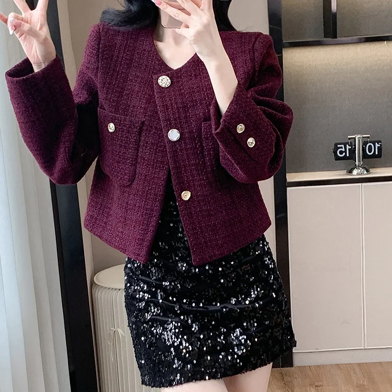 2024 New Autumn Winter Women Chic Slim Single Breasted Short Jacket High Quality Elegant Grape Purple Tweed Jacket