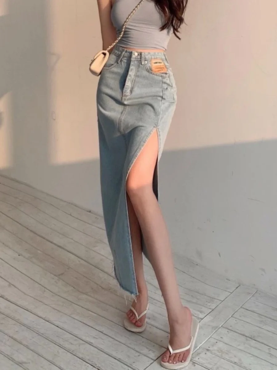 

High Waist Denim Split Skirt Bodycon Midi f-length Skirts Street Sle Pure Color A-Line Skirt for Women 25-29 Years Old