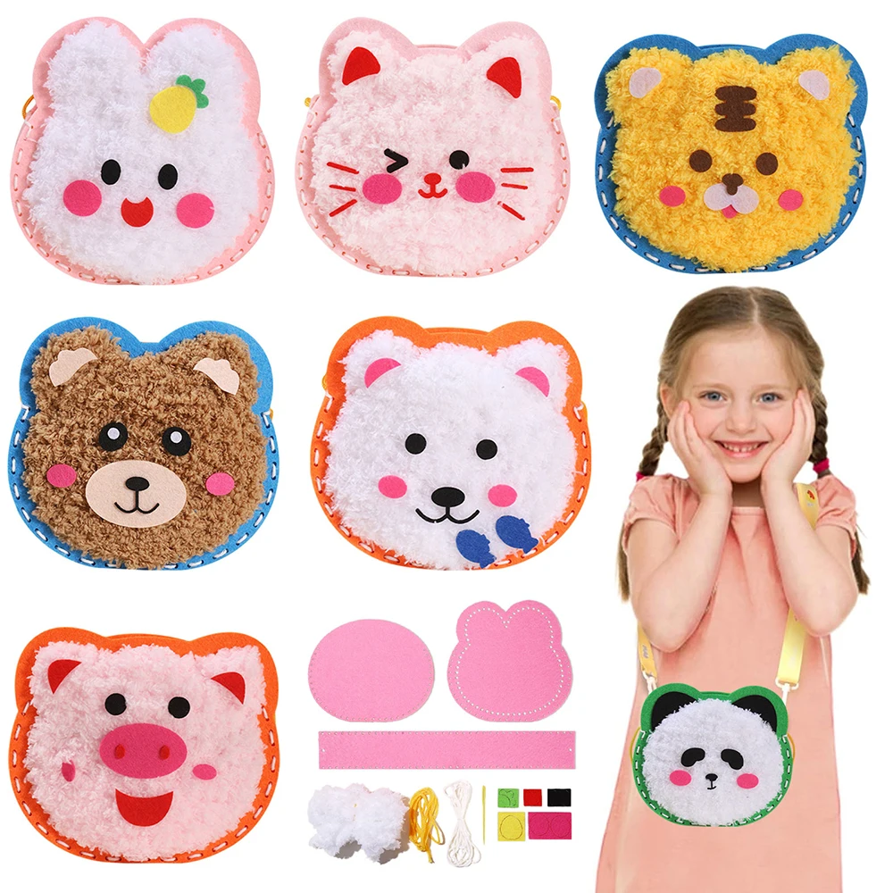 Nähen Sie Ihre eigenen Tierbeutel. Erstes Nähset für Kinder, Anfänger, Kunsthandwerk für Mädchen im Alter von 4, 5, 6 7 und 8. Lernen Sie Nähen. Tierpuppen B