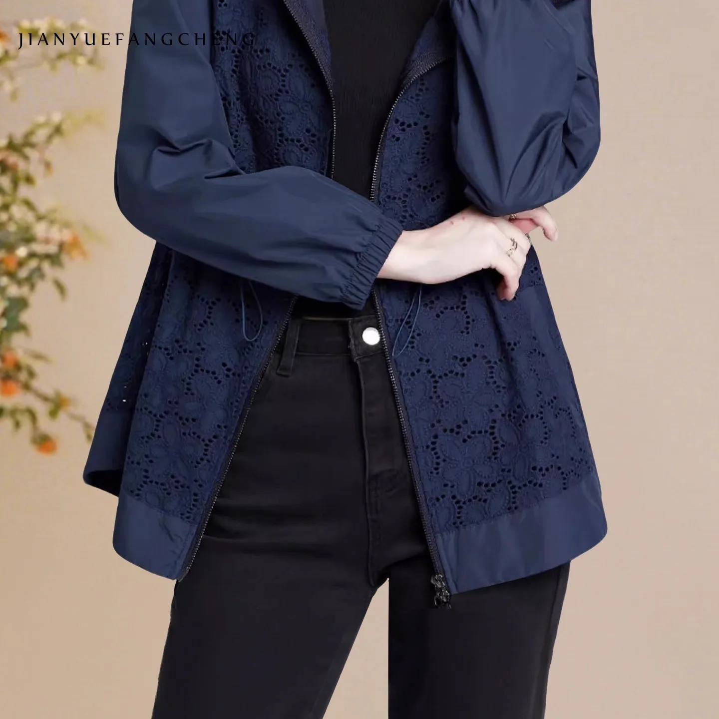 Veste à capuche bleue à manches longues pour femme, avec dentelle creuse, ample, décontractée, manteau coupe-vent, nouvelle collection automne 2025