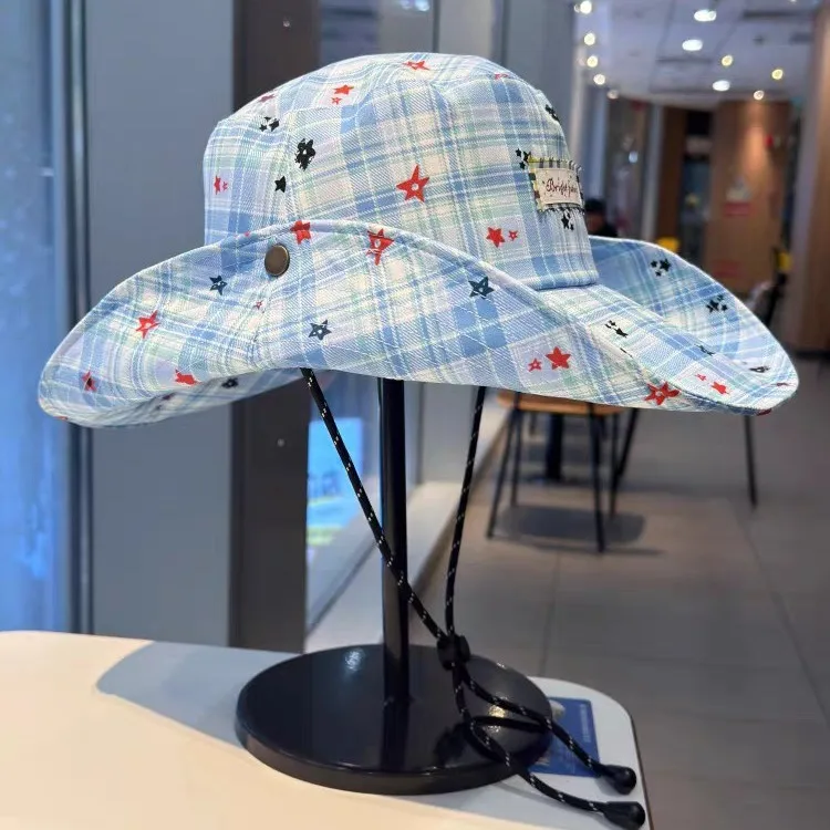 Plaid Star Print Wide Brim Bucket Hat with Chin Strap Foldable Sun Protection Fisherman Hat for Women Beach Outdoor Travel