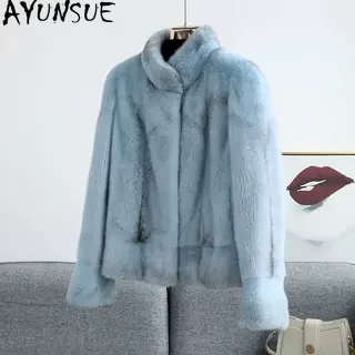 AYUNSUE Naturalny Płaszcz z Futra Norki Damski Luksusowe Płaszcze z Prawdziwego Futra Cały Płaszcz z Norki Damski Kurtka Zimowa Stójka Шуба Женская