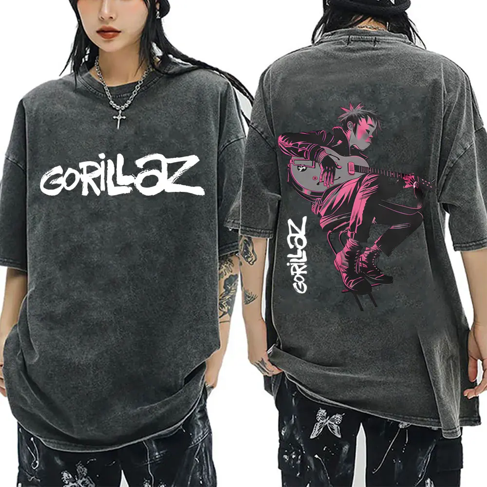 

Washed Vintage Rock Band Gorillaz The Now Now Album Graphic T-shirt Men Women Punk Oversized T Shirt Men's Retro Gothic T-shirts