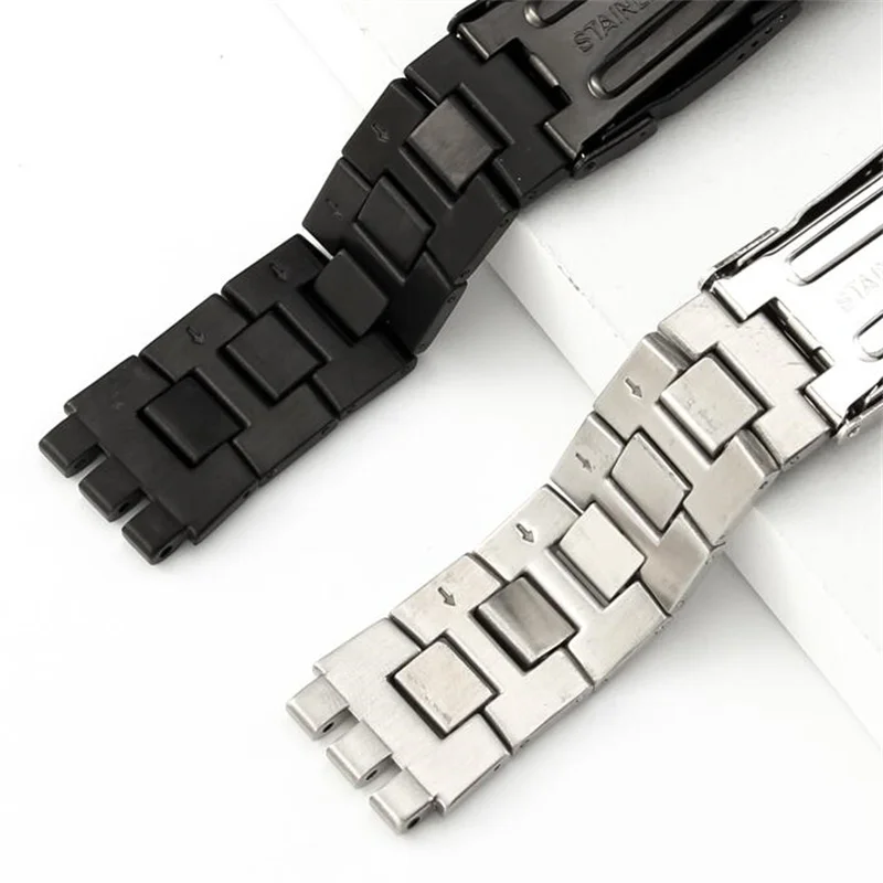 Double Concaved Mouth Black Silver 316L Stainless Steel Watchband 19mm Solid Links Bracelet Fit For Swatch YGS Watch Stock