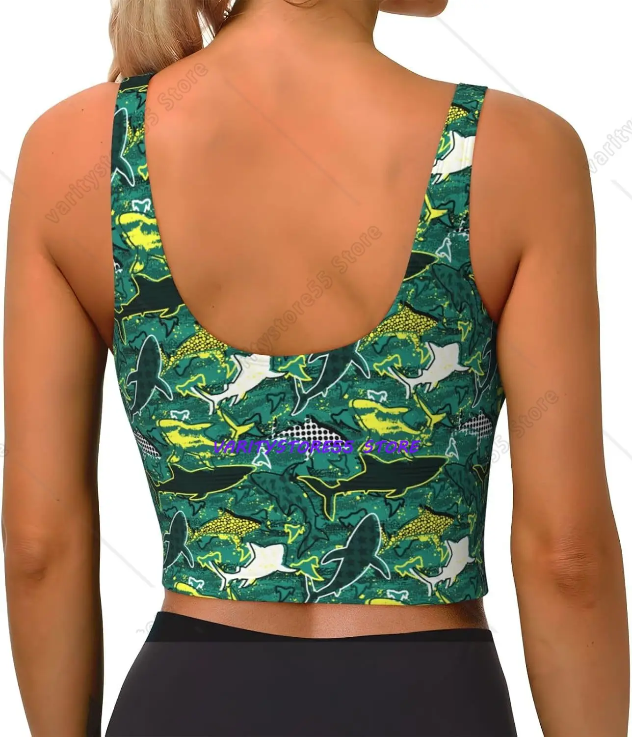 Tropical Green Shark Women's Sports Bra Yoga Crop Gym Tank Top U Back Exercise Workout Top Removable Pads Running Outfits